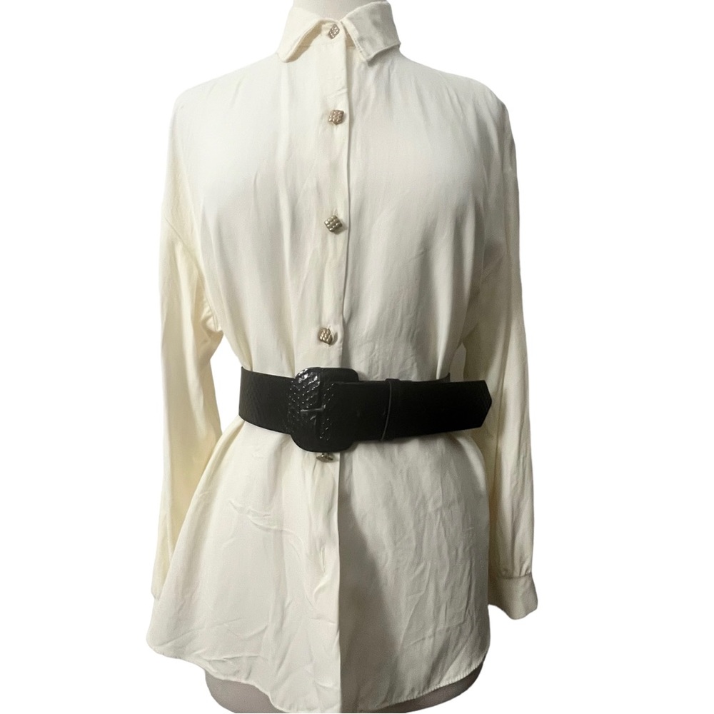 1990’s Cream Long Sleeved Slinky Blouse with Gold Buttons, 90’s Secretary Top